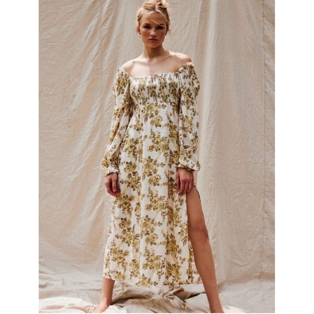 Free People Jaymes Floral Smocked Midi Dress Off Shoulder Yellow Cream XL